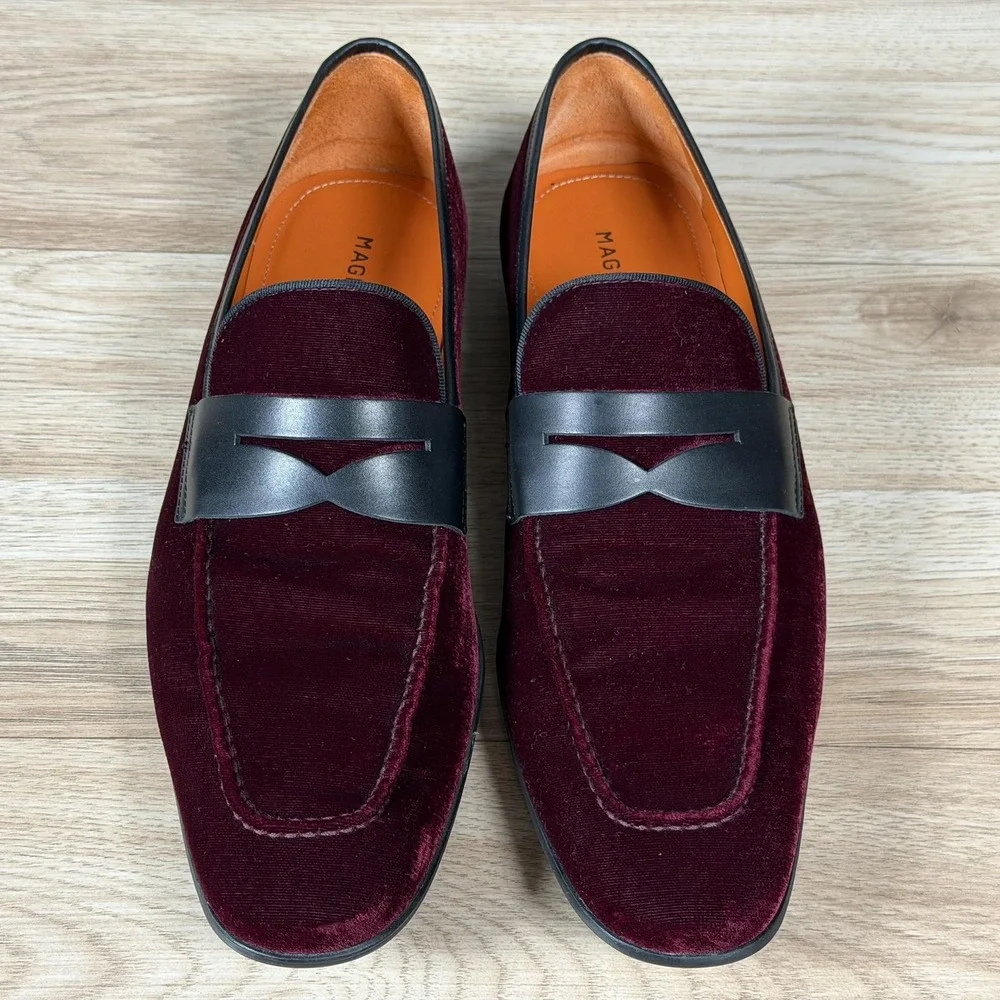 Magnanni Vale Shoes Mens Size 8 Red Black Velvet Leather Penny Loafers Preppy